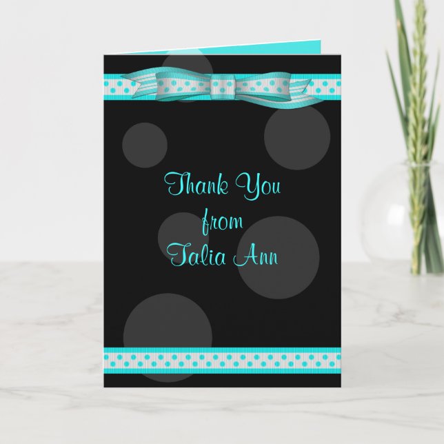 Aqua Black Polka Dot Ribbon Bat Mitzvah Thank You (Front)