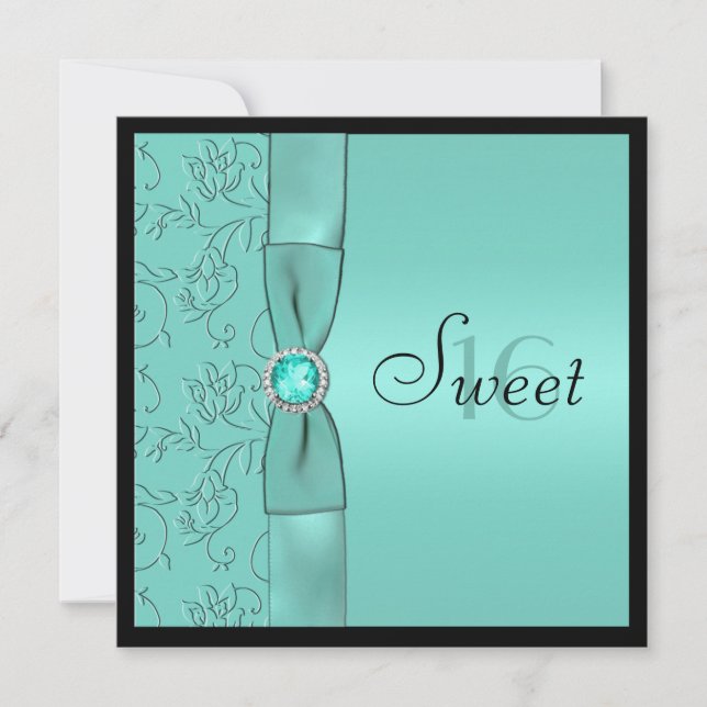 Aqua, Black PRINTED RIBBON Sweet Sixteen Invite (Front)