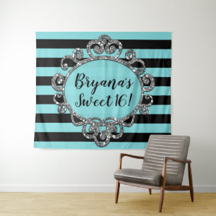 Aqua Black Silver Striped Birthday Party Backdrop Tapestry