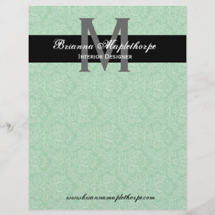 Aqua Black White Damask Monogram Letterhead Design