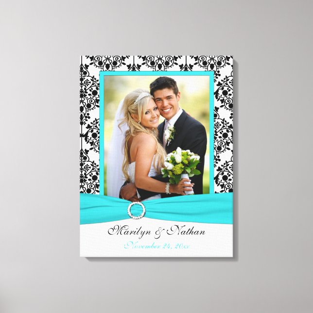 Aqua, Black, White Damask Wedding Canvas Print (Front)