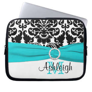 Aqua Black White with FAUX Ribbon Laptop Sleeve