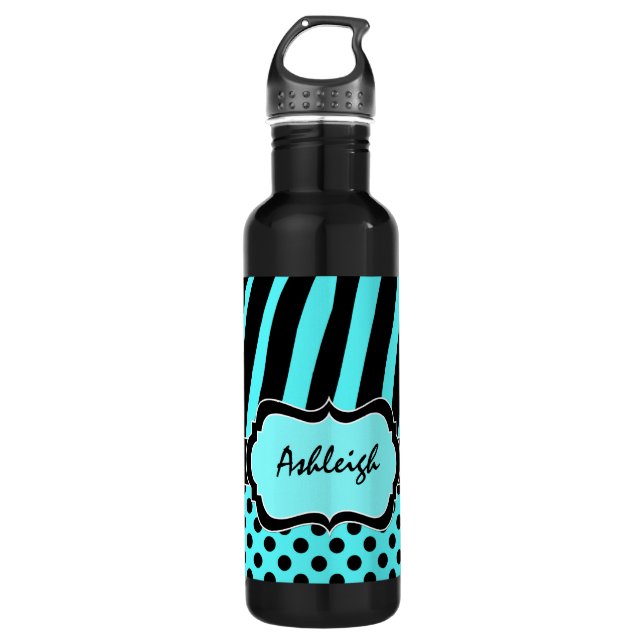 Aqua, Black, White Zebra Stripes 710 Ml Water Bottle (Front)