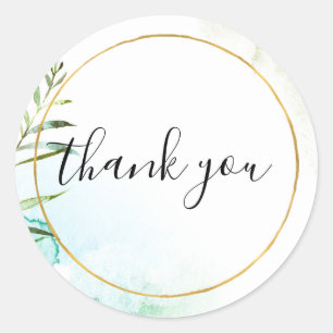 Aqua Bliss Leaves Watercolor Thank you Classic Round Sticker