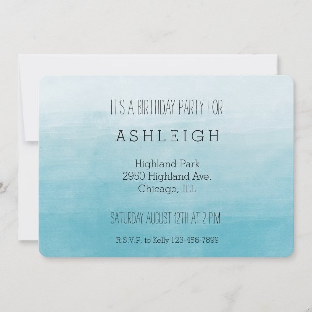 Aqua Bliss Watercolor Ombre birthday Invitation (Front)
