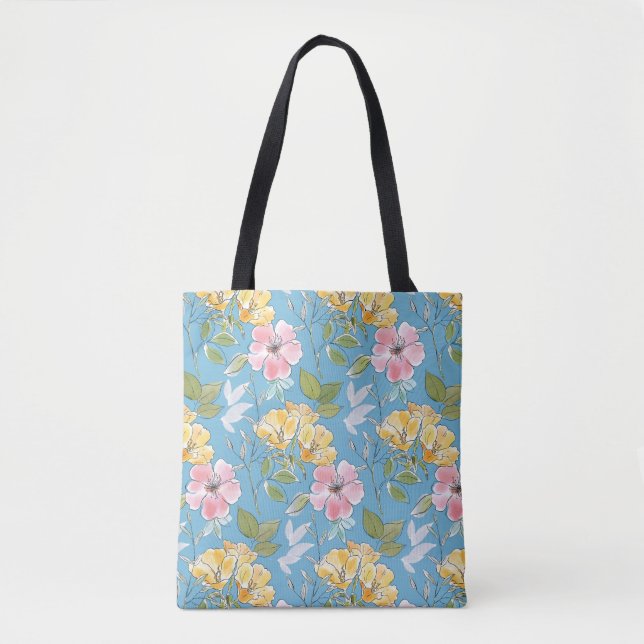 Aqua Bloom Watercolor Tote Bag (Front)