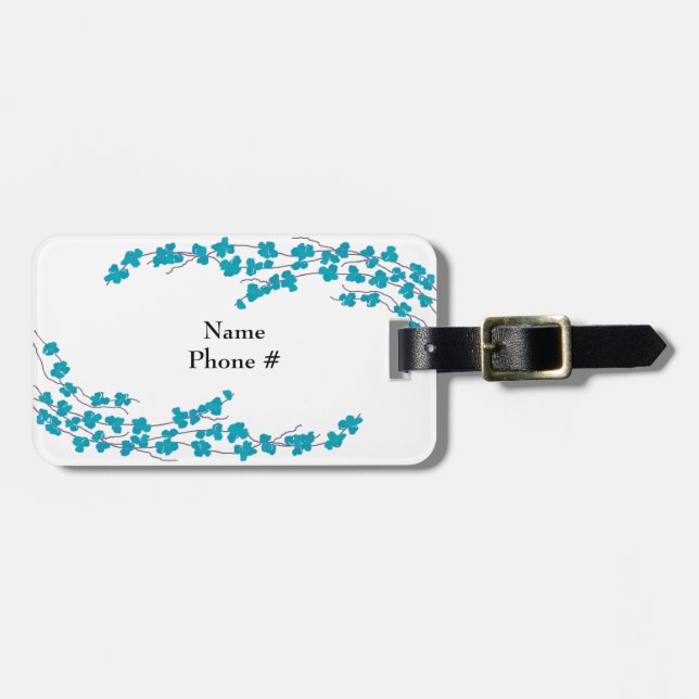 Aqua Blossoms and Branches Luggage Tag (Front Horizontal)