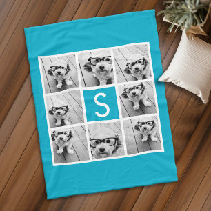 Aqua Blue 8 Photo Collage Custom Monogram Fleece Blanket