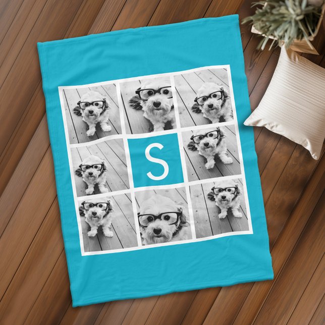 Aqua Blue 8 Photo Collage Custom Monogram Fleece Blanket (Personalized fleece blanket with 8 photos and a monogram)