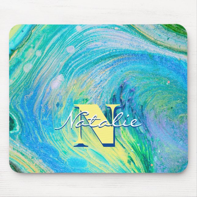Aqua Blue Acrylic Flow Art Mouse Pad (Front)