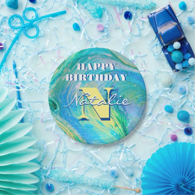 Aqua Blue Acrylic Flow Art Paper Plate (Party)