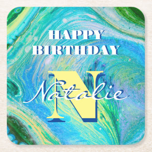 Aqua Blue Acrylic Flow Art Square Paper Coaster