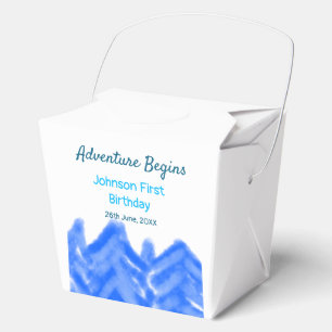 Aqua blue Adventure begins 1st birthday mountain d Favour Box