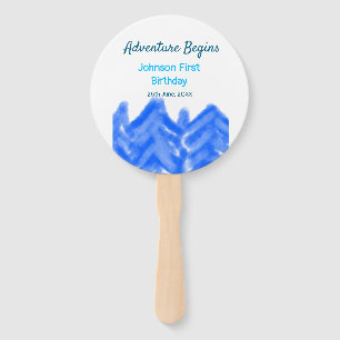 Aqua blue Adventure begins 1st birthday mountain d Hand Fan