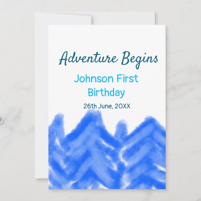 Aqua blue Adventure begins 1st birthday mountain d Invitation (Front)