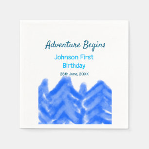 Aqua blue Adventure begins 1st birthday mountain d Napkin