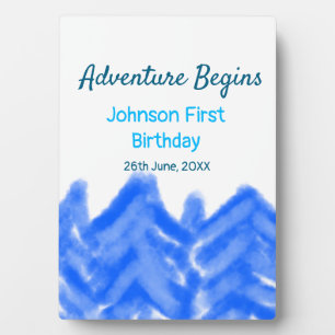 Aqua blue Adventure begins 1st birthday mountain d Plaque