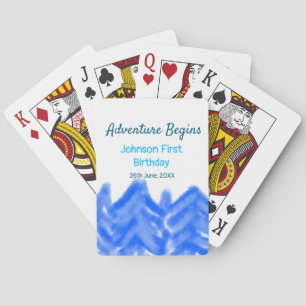 Aqua blue Adventure begins 1st birthday mountain d Playing Cards