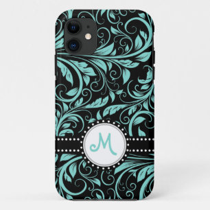 Aqua Blue and black damask with monogram Case-Mate iPhone Case