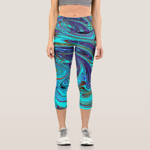 Aqua Blue and Black Groovy Abstract Retro Art Capri Leggings