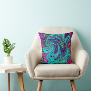 Aqua Blue and Black Groovy Abstract Retro Art Cushion
