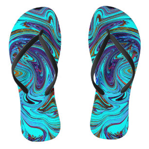 Aqua Blue and Black Groovy Abstract Retro Art Jandals