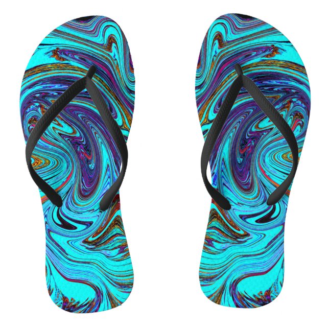 Aqua Blue and Black Groovy Abstract Retro Art Jandals (Footbed)