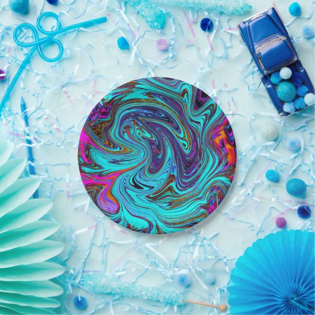 Aqua Blue and Black Groovy Abstract Retro Art Paper Plate (Party)