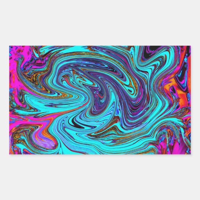 Aqua Blue and Black Groovy Abstract Retro Art Rectangular Sticker (Front)