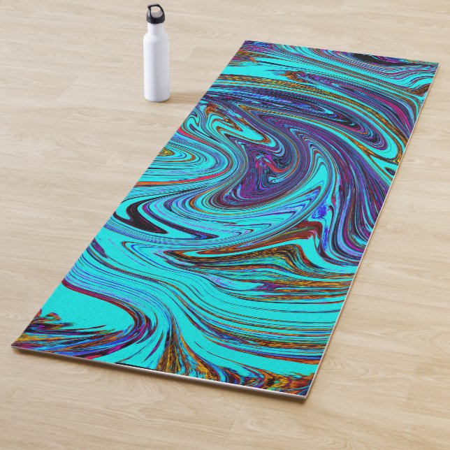 Aqua Blue and Black Groovy Abstract Retro Art Yoga Mat (In Situ)
