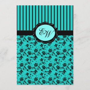 Aqua Blue and Black Monogram Damask Invitation