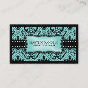 Aqua Blue and Black Vintage Damask Wedding Planner Business Card