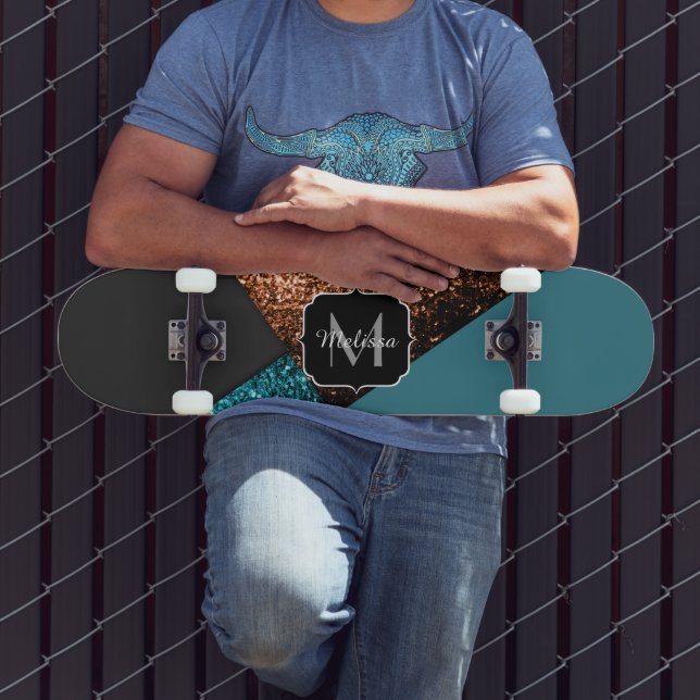 Aqua blue and bronze sparkles modern Monogram Skateboard (Outdoor 3)