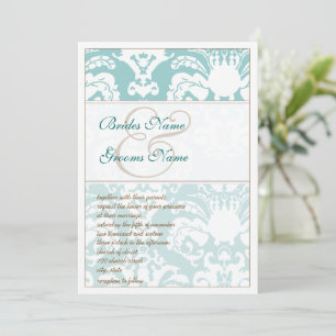 Aqua Blue and Brown Damask Wedding Invitation