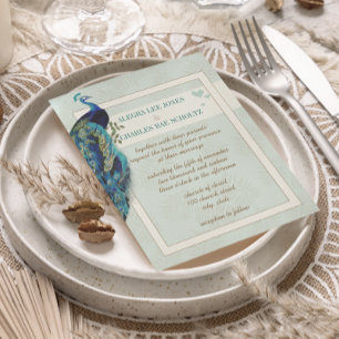 Aqua Blue and Brown Peacock Wedding Invitation