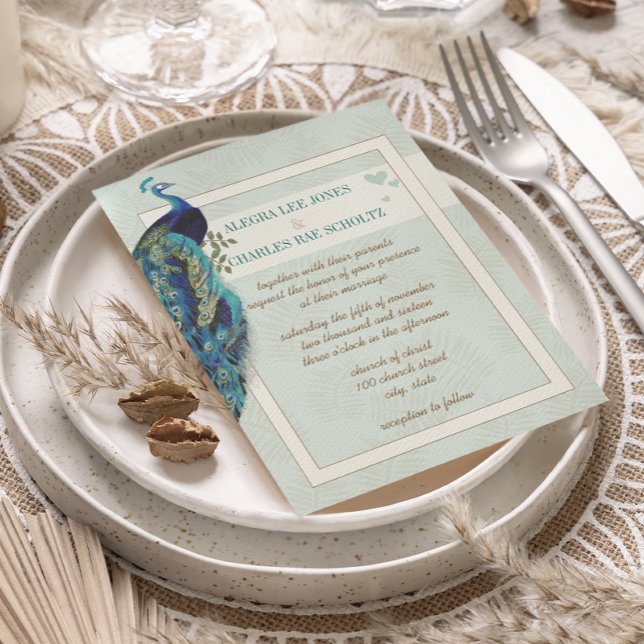 Aqua Blue and Brown Peacock Wedding Invitation (Creator Uploaded)