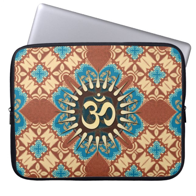Aqua Blue and Earthy Brown Geometric with Gold OM Laptop Sleeve (Front)