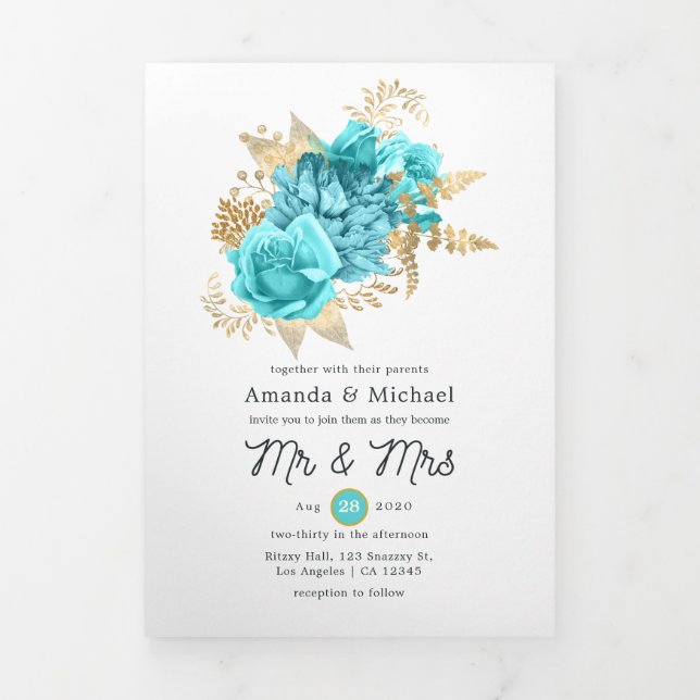 Aqua Blue and Gold Floral Wedding Photo Tri-Fold Invitation (Cover)