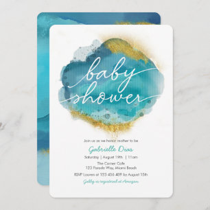Aqua Blue and gold Ocean Baby Shower invitation