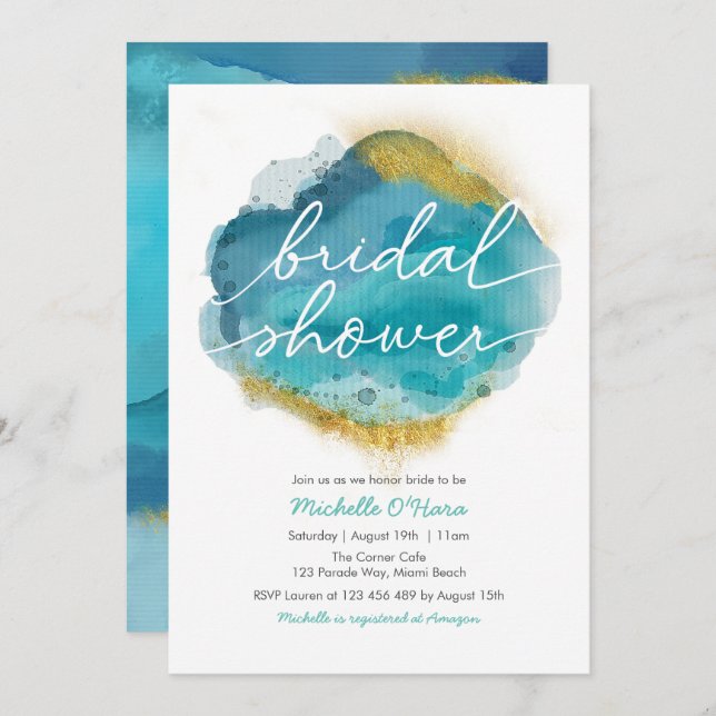 Aqua Blue and gold Ocean Bridal Shower invitation (Front/Back)