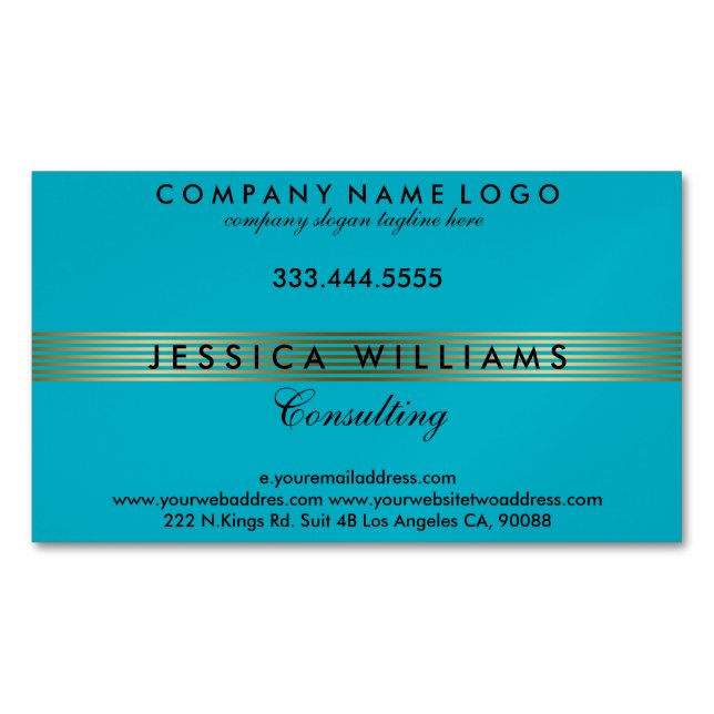 Aqua Blue And Gold Stripes Pattern Magnetic Business Card (Front)