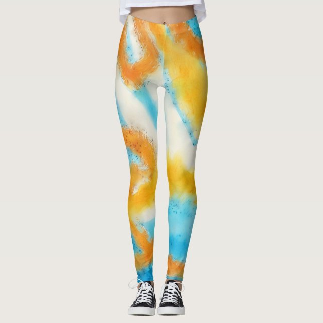 Aqua Blue and Gold Watercolor Art Leggings (Front)