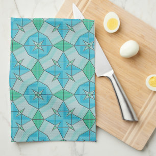 Aqua Blue and Green Geometric Tiled Pattern Tea Towel