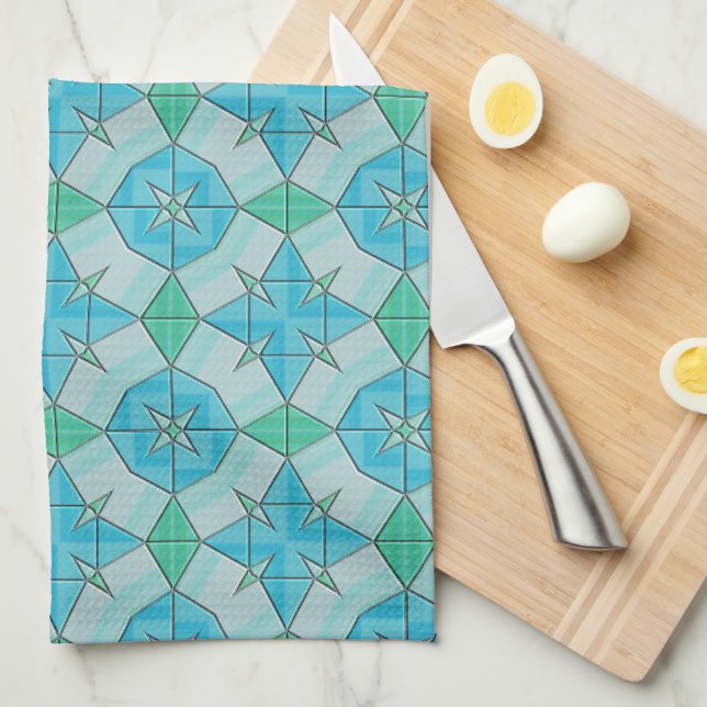 Aqua Blue and Green Geometric Tiled Pattern Tea Towel (Quarter Fold)