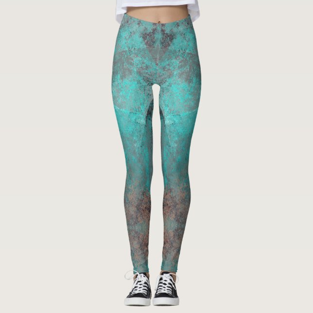 Aqua Blue and Grey Distressed Paint Splash Leggings (Front)