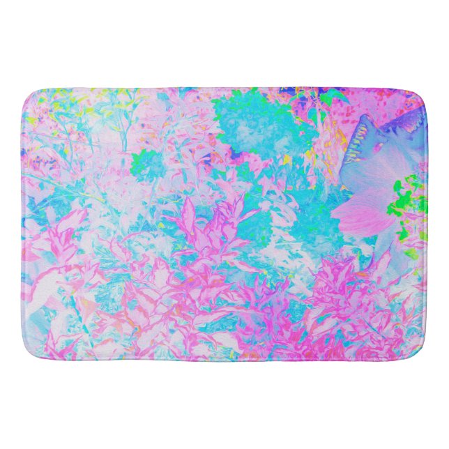 Aqua Blue and Hot Pink Hydrangea Landscape Bath Mat (Front)