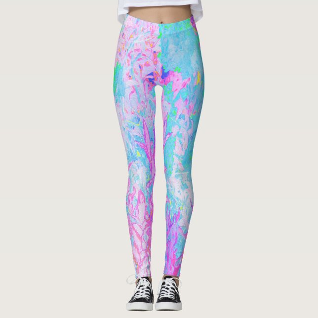 Aqua Blue and Hot Pink Hydrangea Landscape Leggings (Front)
