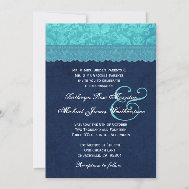 Aqua Blue and Navy Damask Wedding A001 Invitation (Front)