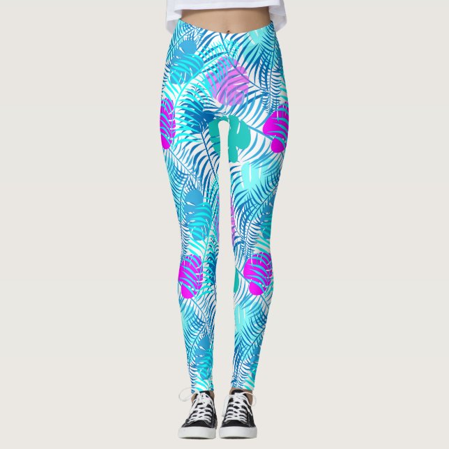 Aqua Blue and Pink Tropical Leaf Patterned Leggings (Front)