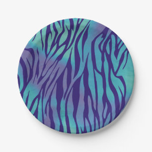 Aqua Blue And Purple Zebra Stripes Paper Plate